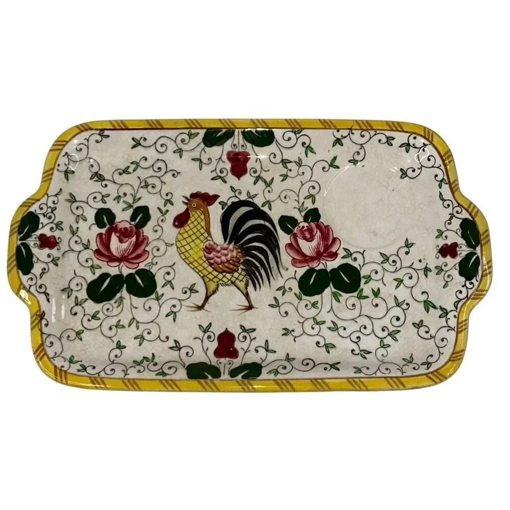 RARE Vintage Early Provincial Rooster and Roses Tray and Coffee Cup Set READ